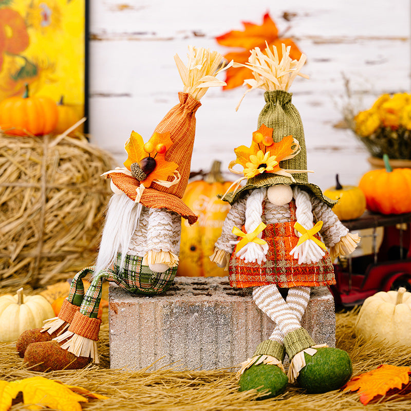 Harvest Season Maple Leaf Straw Hat Rudolf Hanging Leg Doll