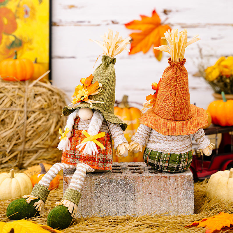 Harvest Season Maple Leaf Straw Hat Rudolf Hanging Leg Doll