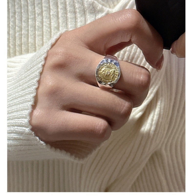 Sterling Silver Fashionable Coin Gold And Silver Contrast Fashionable Retro Blogger Ring