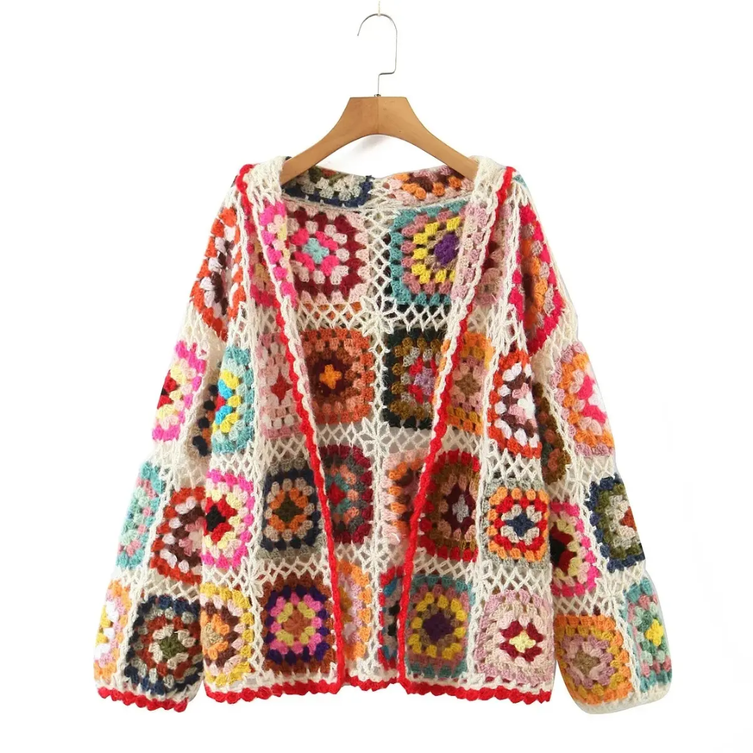 Crochet cardigan with multicoloured motifs