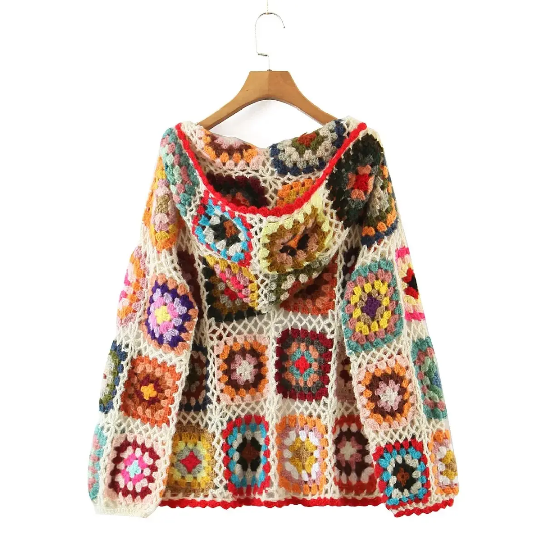 Crochet cardigan with multicoloured motifs