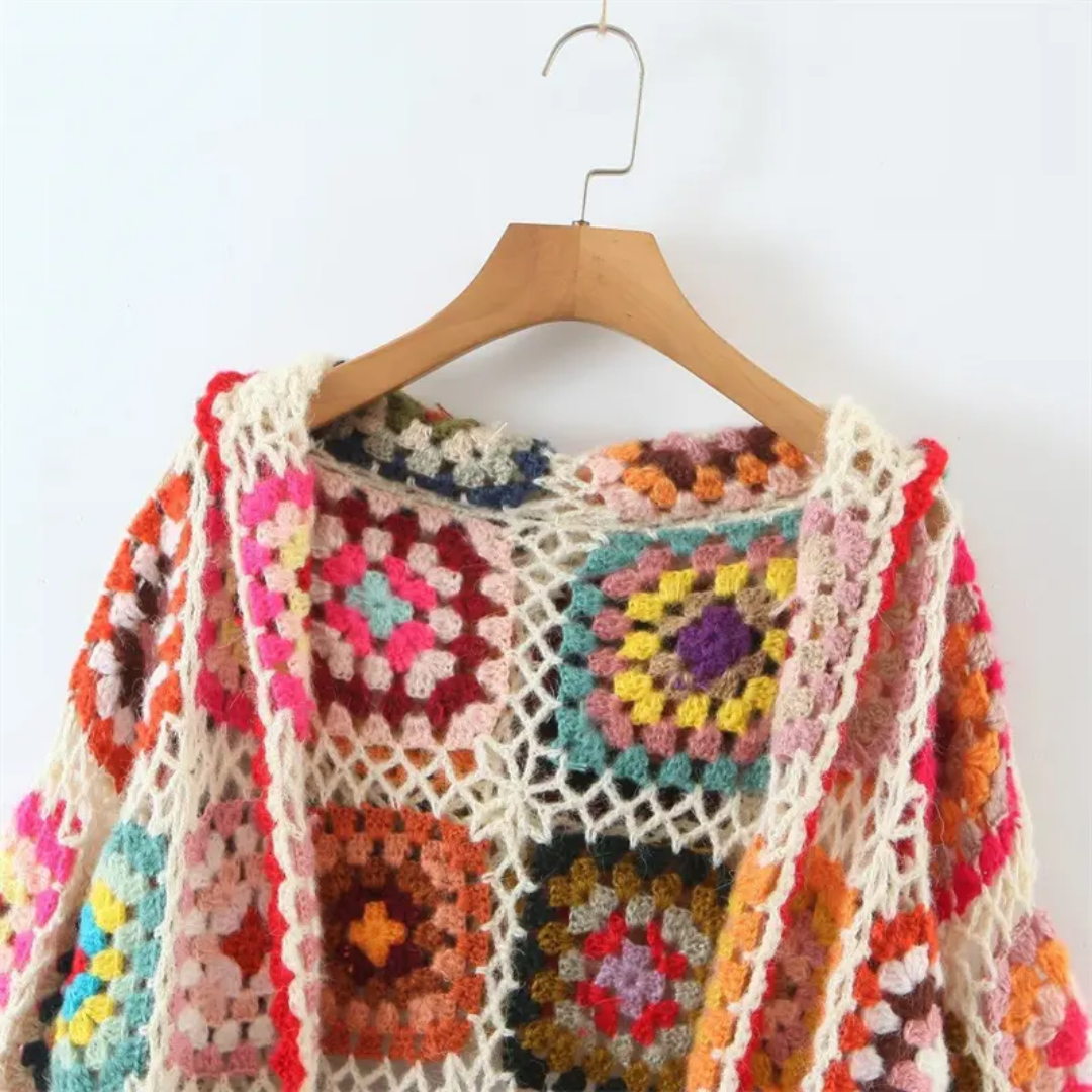 Crochet cardigan with multicoloured motifs