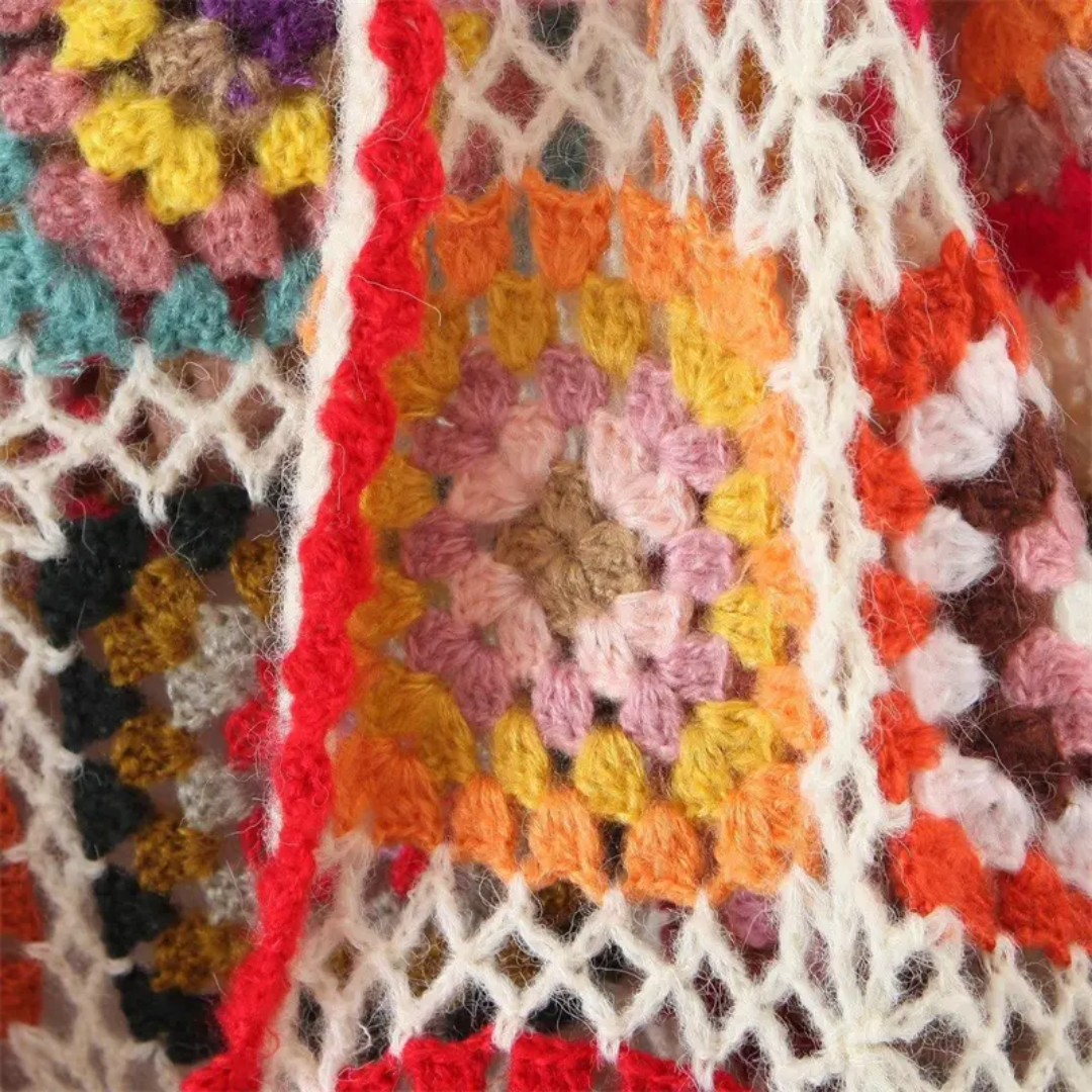 Crochet cardigan with multicoloured motifs