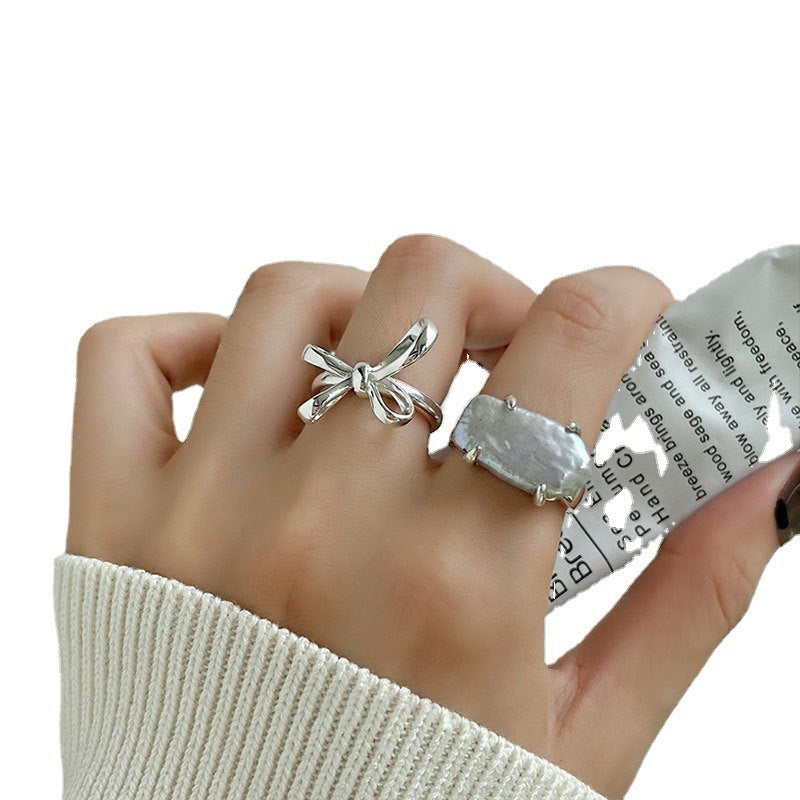 S925 Silver Simple Lines Bow Ring Women
