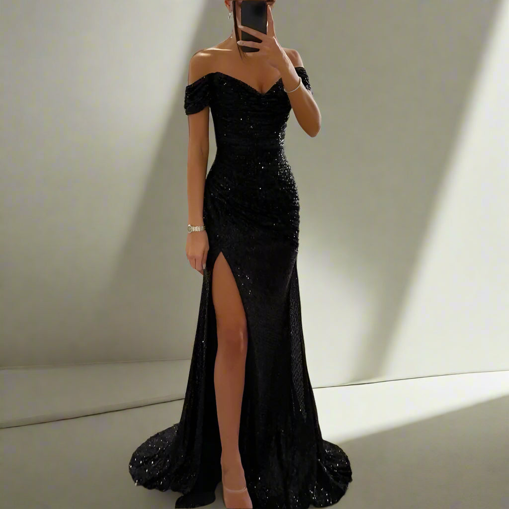 Klassischer Stil, Pailletten, Schlitz, Reißverschluss, einfarbig, Bankettparty, V-Ausschnitt, ärmellos, Partykleid