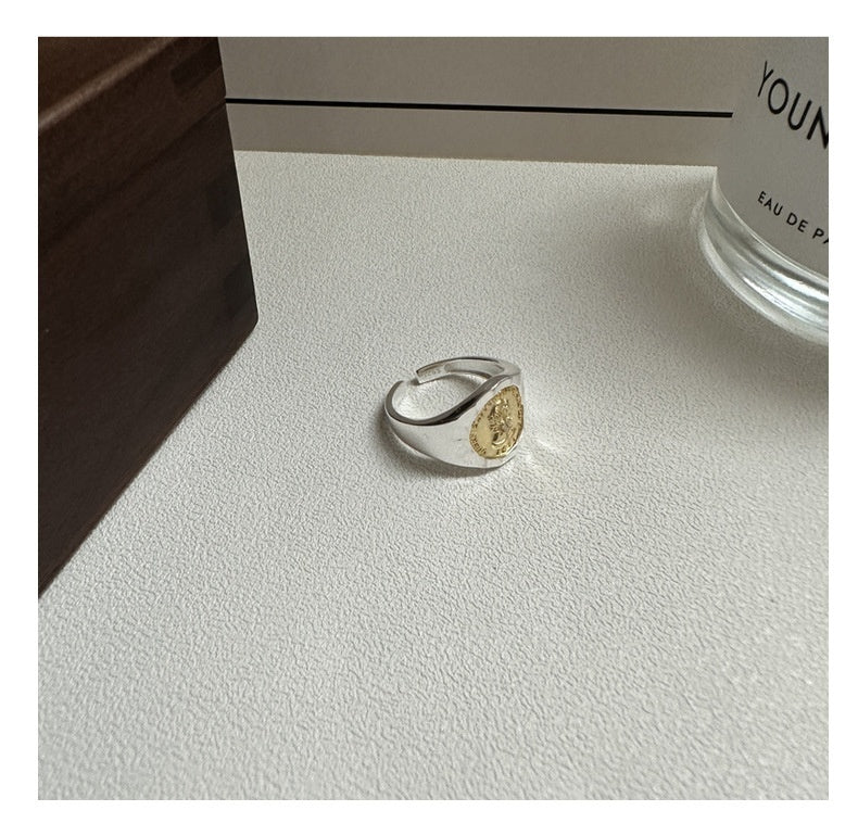 Sterling Silver Fashionable Coin Gold And Silver Contrast Fashionable Retro Blogger Ring