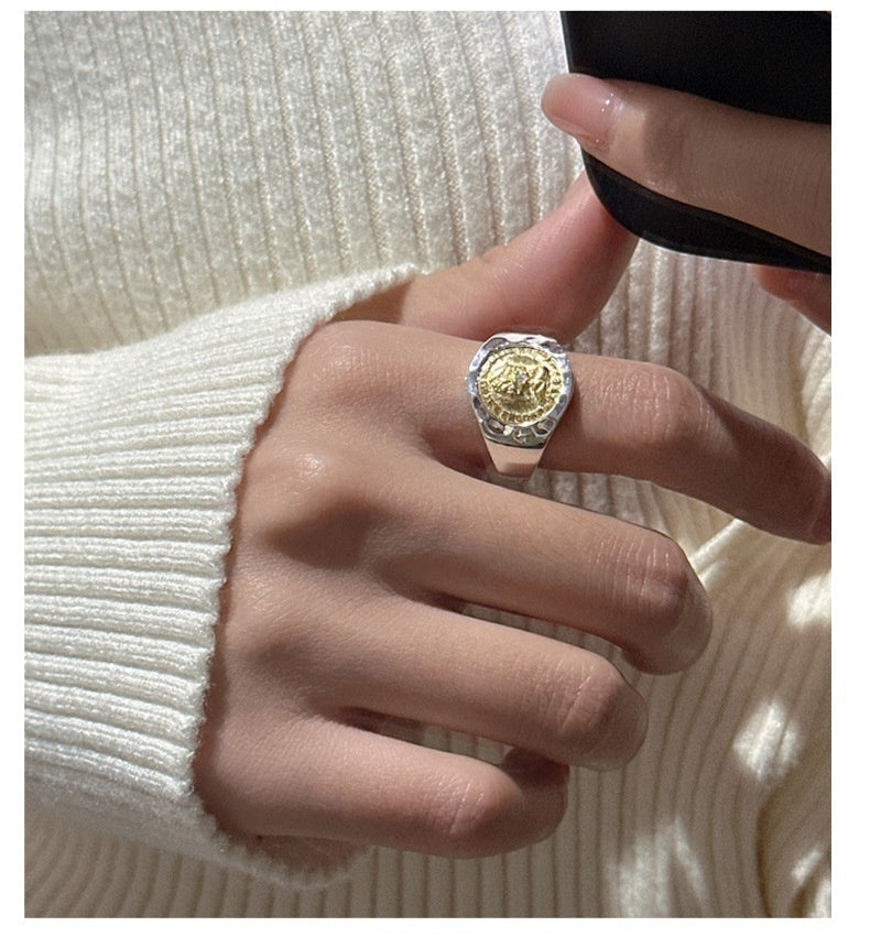 Sterling Silver Fashionable Coin Gold And Silver Contrast Fashionable Retro Blogger Ring