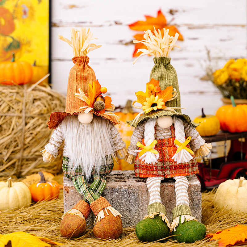 Harvest Season Maple Leaf Straw Hat Rudolf Hanging Leg Doll