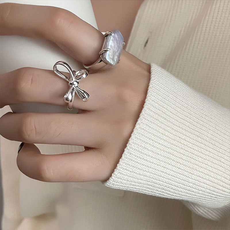 S925 Silver Simple Lines Bow Ring Women