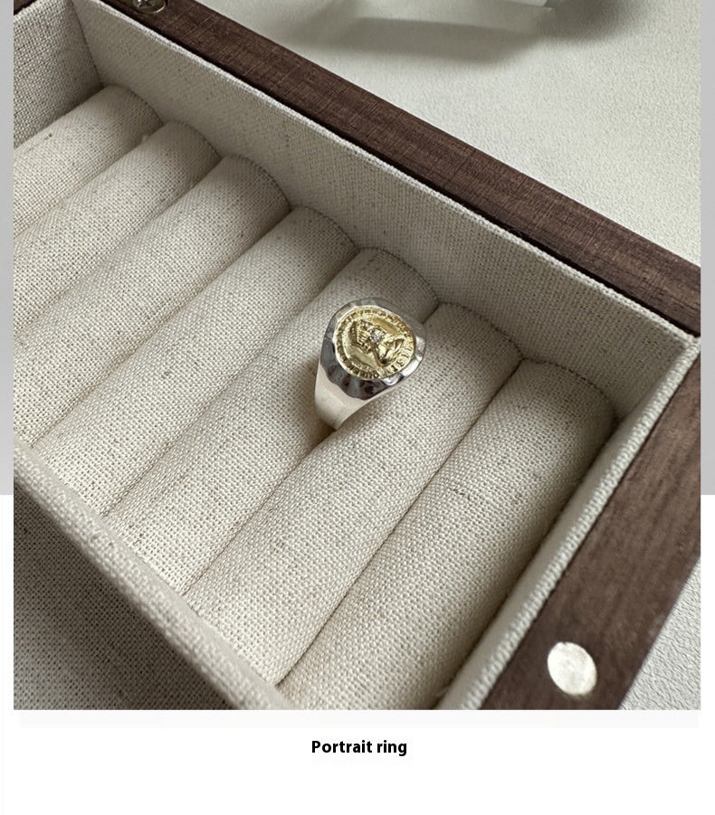 Sterling Silver Fashionable Coin Gold And Silver Contrast Fashionable Retro Blogger Ring