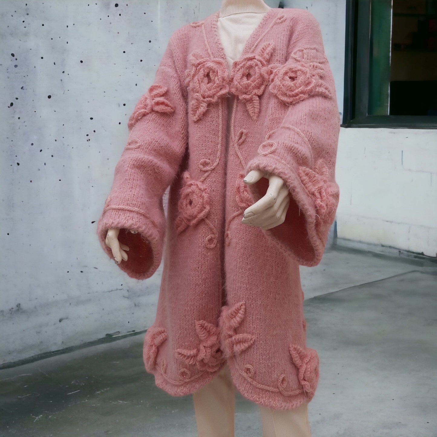 Women's Mohair Yarn Cardigan with 3D Flowers