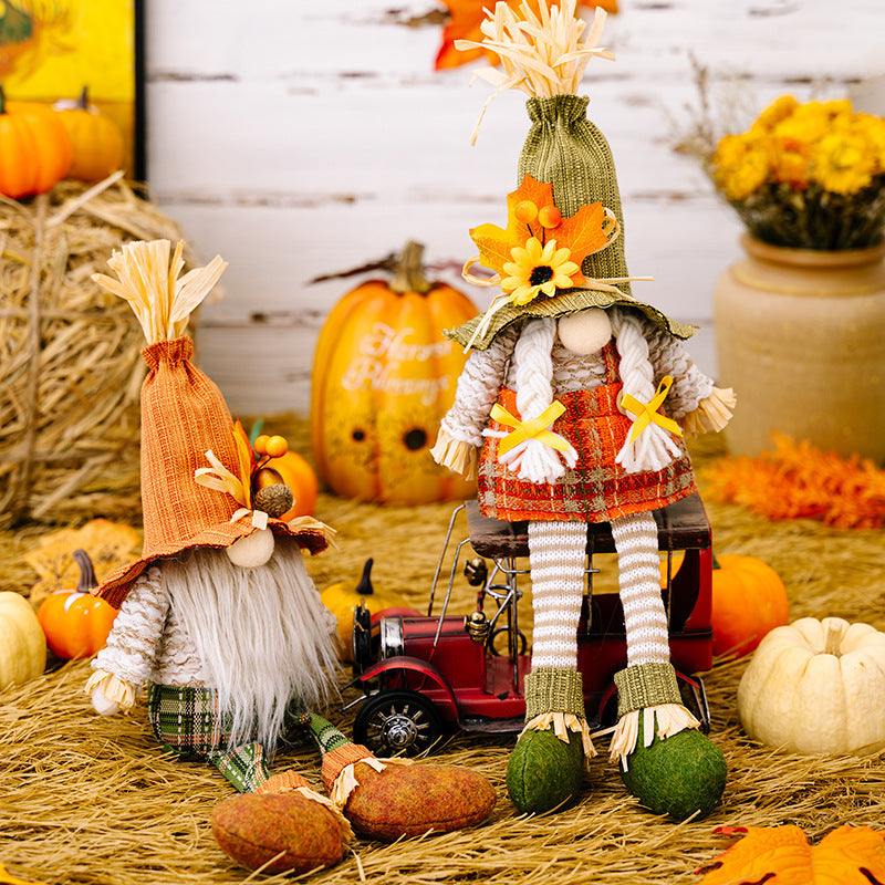 Harvest Season Maple Leaf Straw Hat Rudolf Hanging Leg Doll