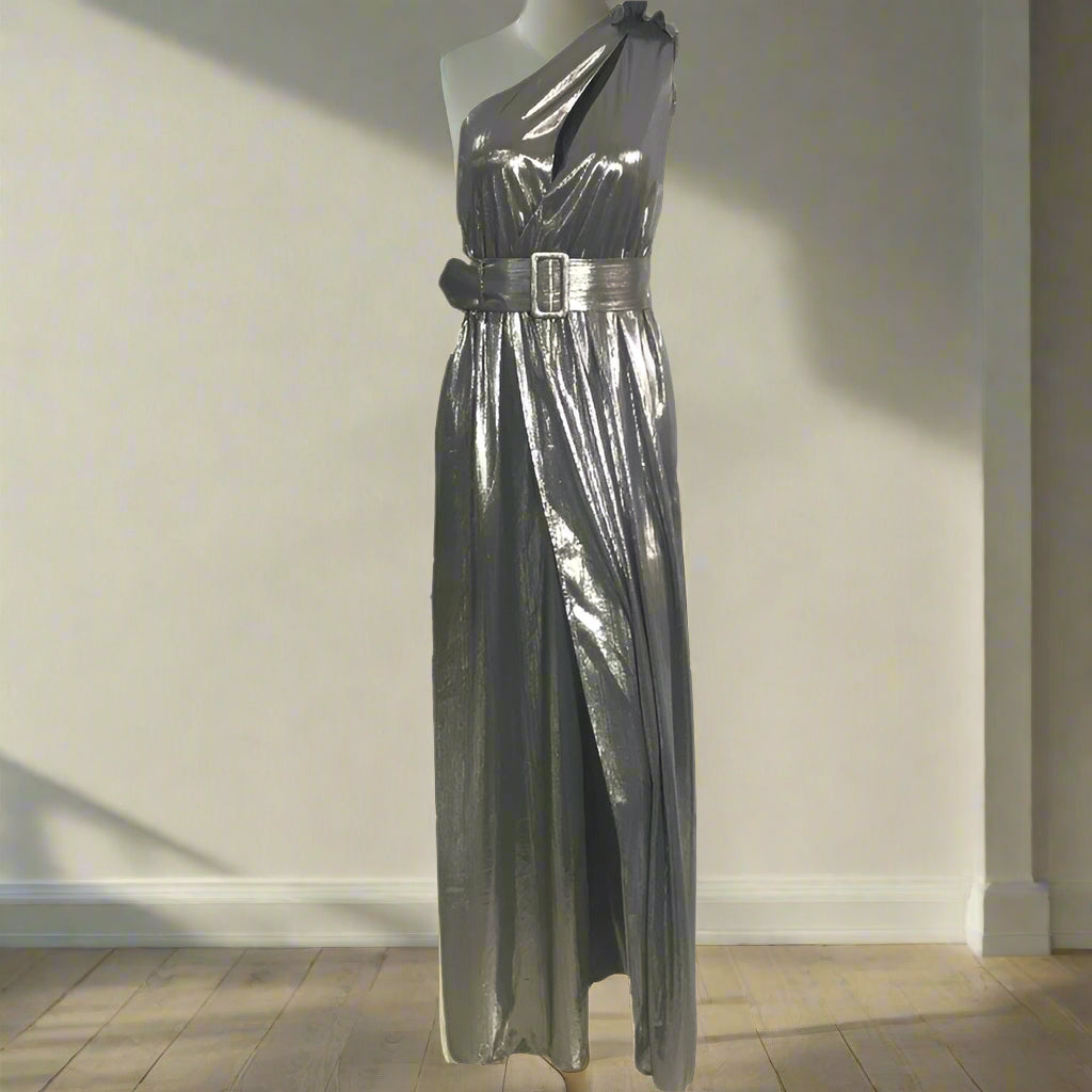 Damen Sexy Schlitz Gürtel Aushöhlen Einfarbig Bankett Cocktail Party Schräger Kragen Ärmelloses Partykleid