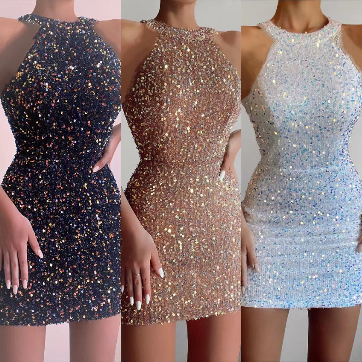 Sexy Paillettenkleid für Damen, einfarbig, Neckholder-Bankettkleid, ärmellos