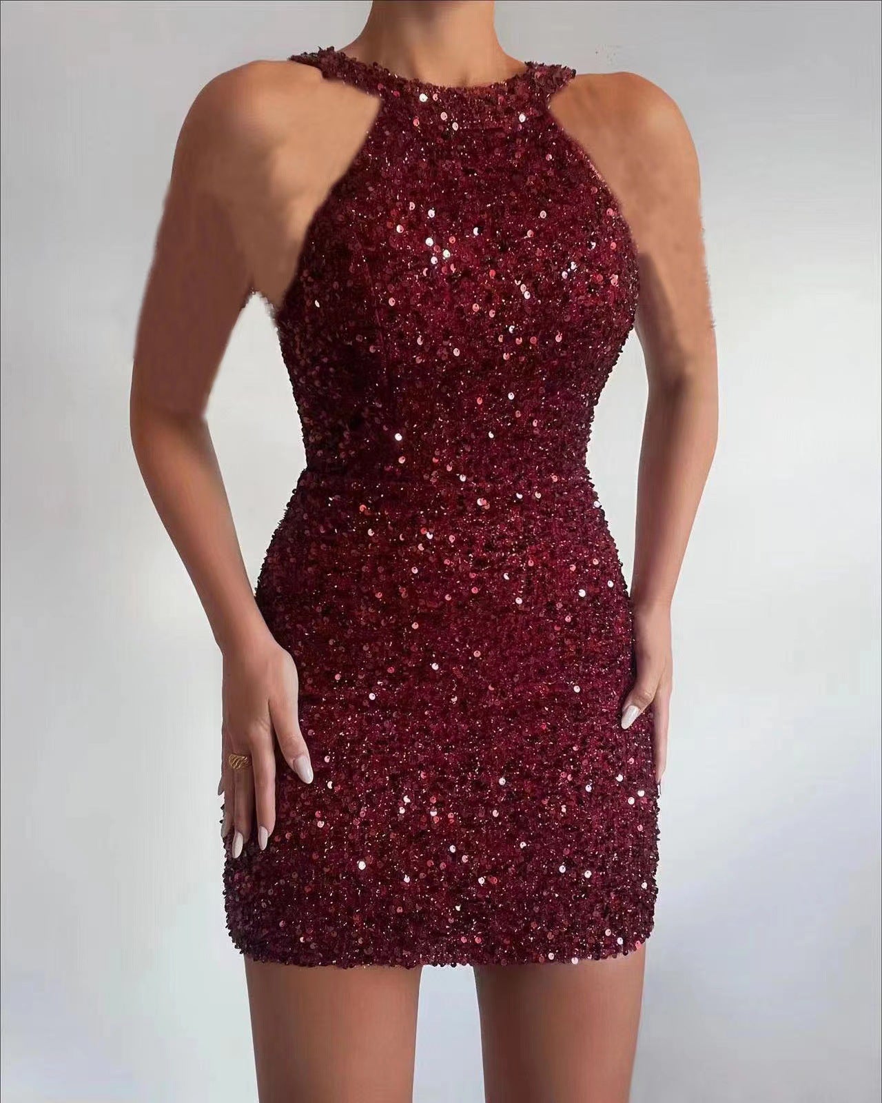 Sexy Paillettenkleid für Damen, einfarbig, Neckholder-Bankettkleid, ärmellos