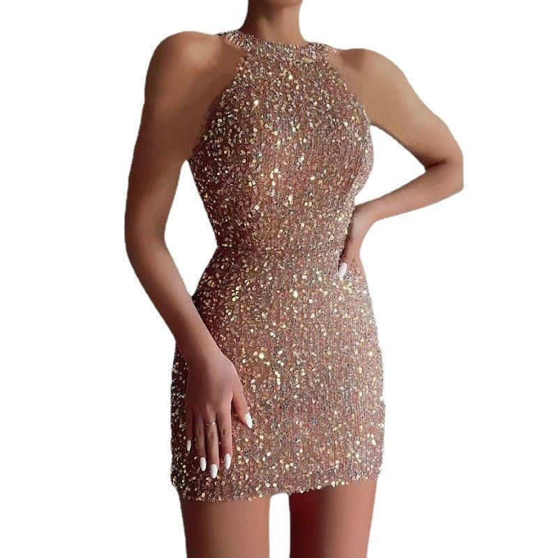 Sexy Paillettenkleid für Damen, einfarbig, Neckholder-Bankettkleid, ärmellos