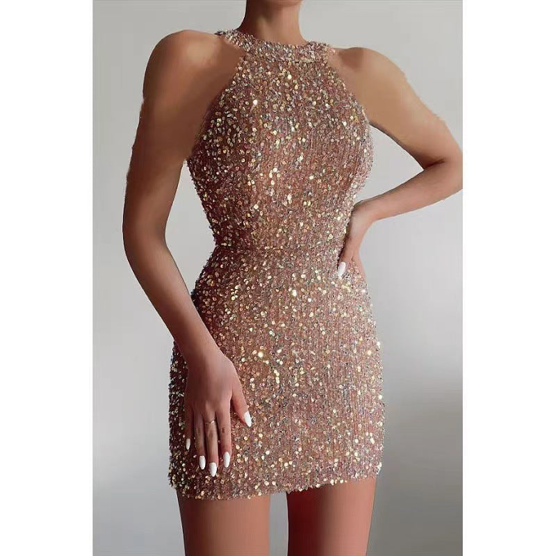 Sexy Paillettenkleid für Damen, einfarbig, Neckholder-Bankettkleid, ärmellos