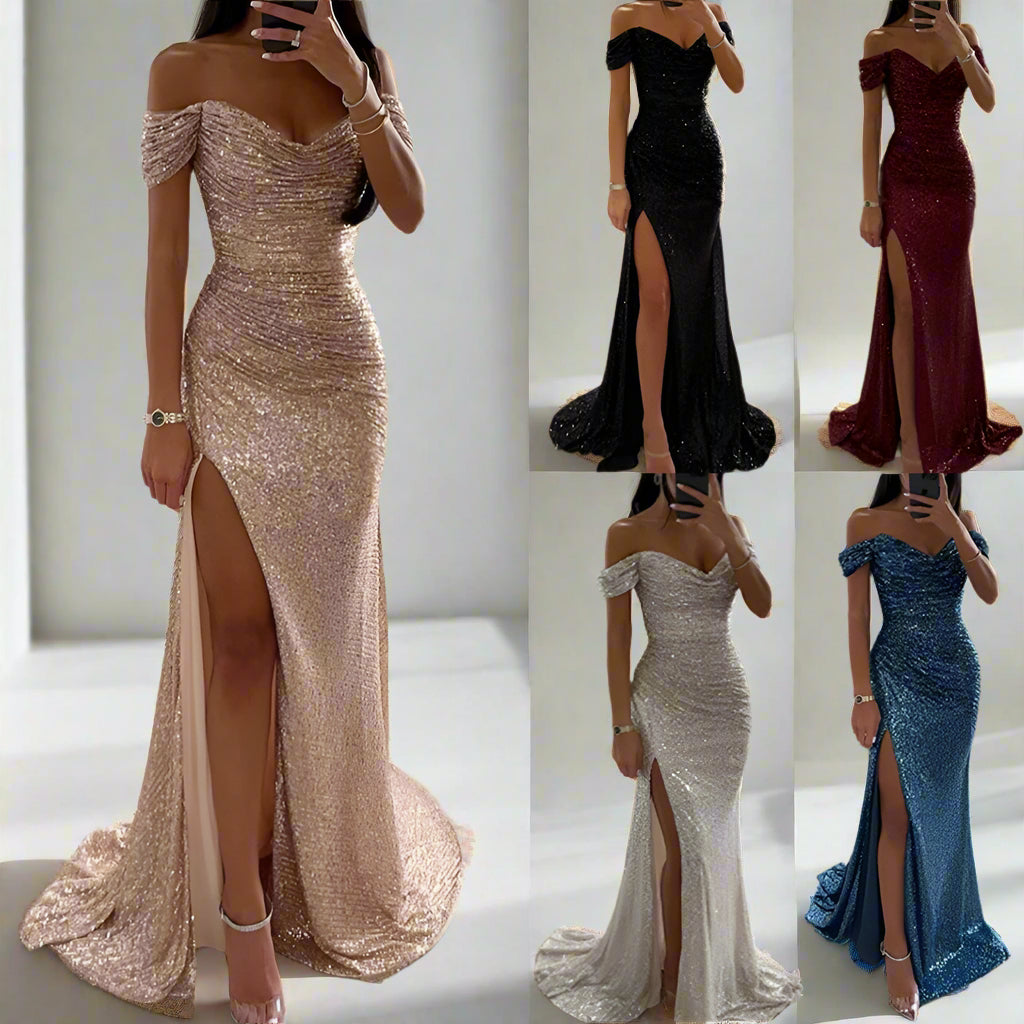 Klassischer Stil, Pailletten, Schlitz, Reißverschluss, einfarbig, Bankettparty, V-Ausschnitt, ärmellos, Partykleid