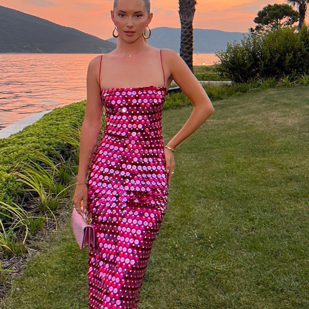Damen Elegant Pailletten Einfarbig Bankett Cocktail Party Träger Ärmellos Trägerkleid