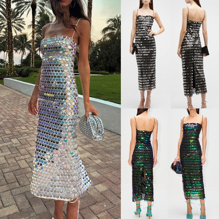 Damen Elegant Pailletten Einfarbig Bankett Cocktail Party Träger Ärmellos Trägerkleid