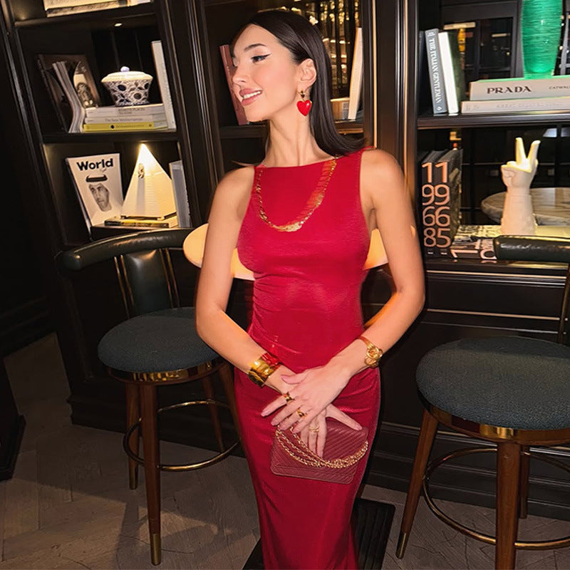 Elegantes rückenfreies, einfarbiges Cocktailparty-Kleid mit U-Boot-Ausschnitt und ärmellosem Trägerkleid