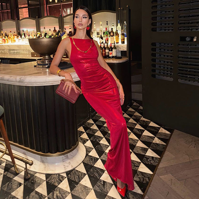 Elegantes rückenfreies, einfarbiges Cocktailparty-Kleid mit U-Boot-Ausschnitt und ärmellosem Trägerkleid
