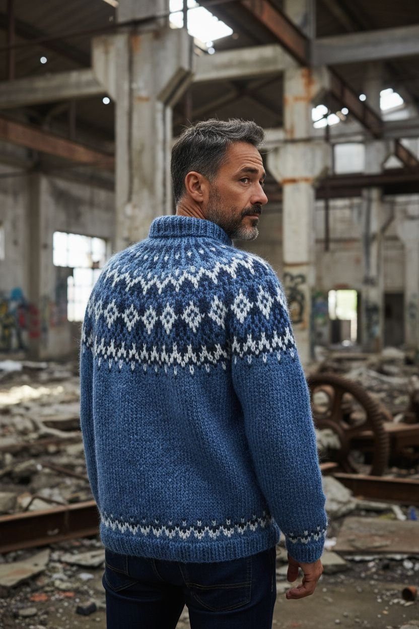 Chunky Belted Cardigan Unisex – Blue Knit Sweater Style with Nordic Pattern