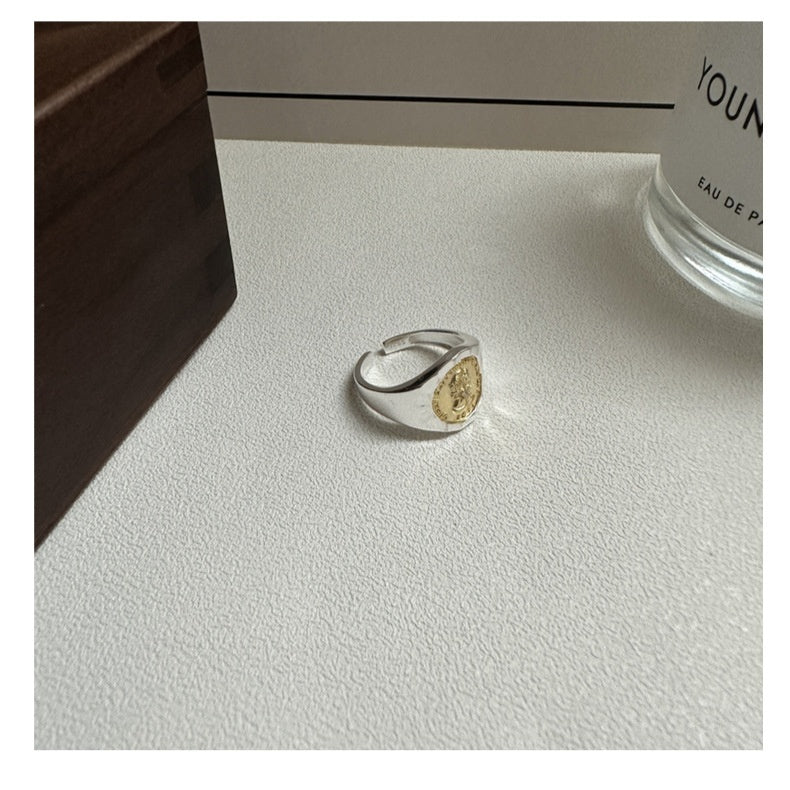 Sterling Silver Fashionable Coin Gold And Silver Contrast Fashionable Retro Blogger Ring