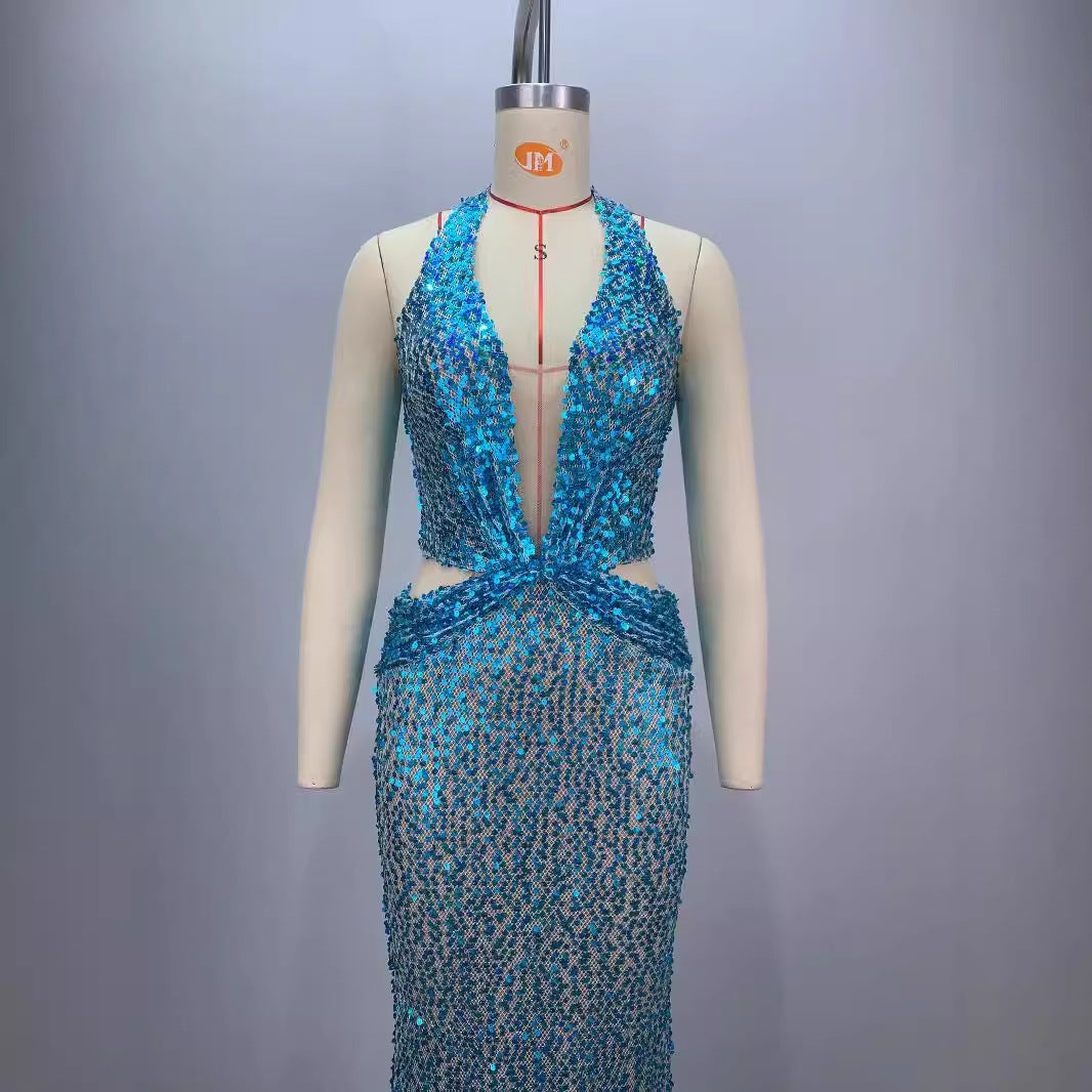 Νέο φόρεμα βραδινού αδυνατίσματος Halter Deep V-neck Slim Party Stage Hostess