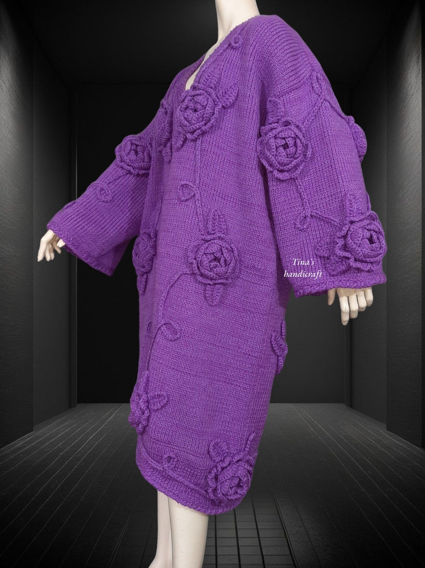 Women's Mohair Yarn Cardigan with 3D Flowers