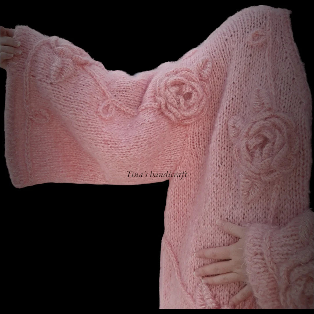 Women's Mohair Yarn Cardigan with 3D Flowers