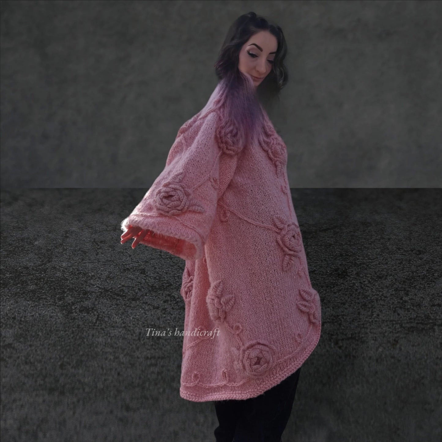 Women's Mohair Yarn Cardigan with 3D Flowers