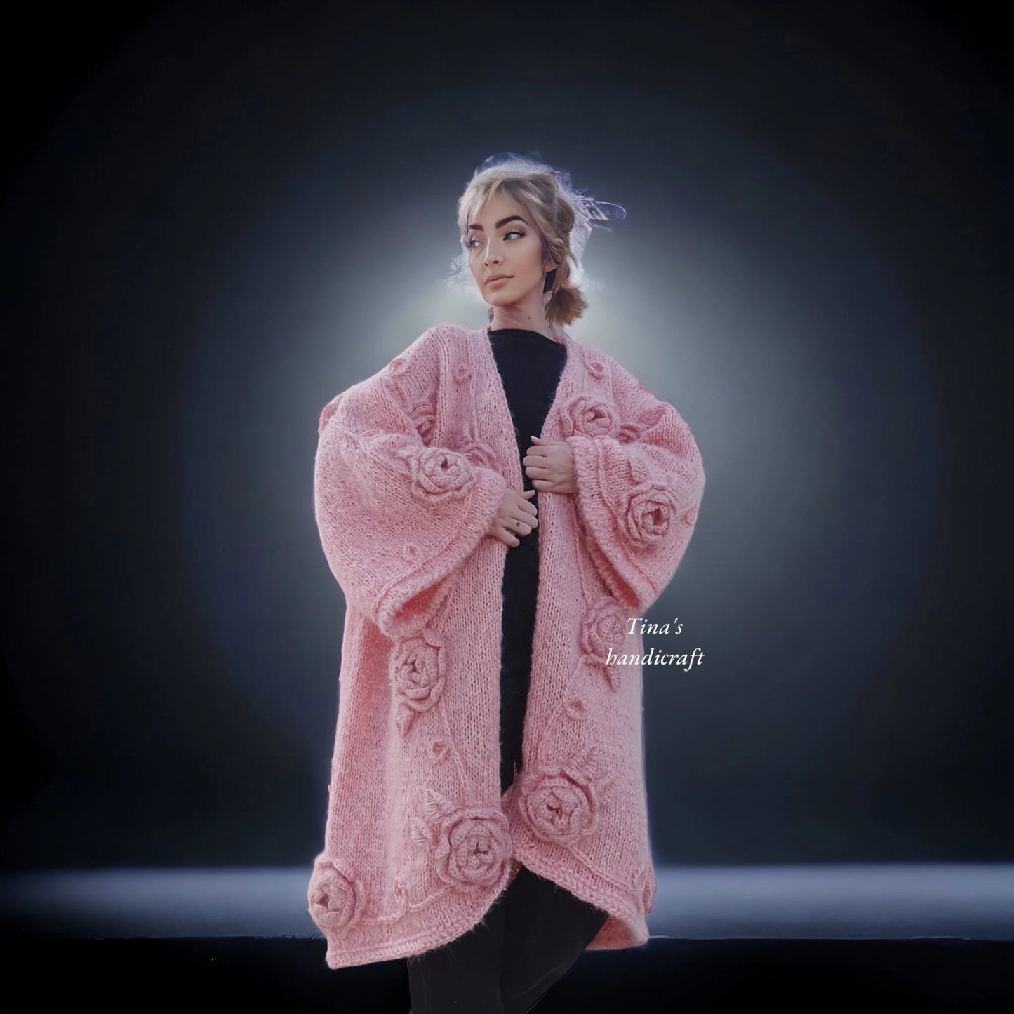 Women's Mohair Yarn Cardigan with 3D Flowers