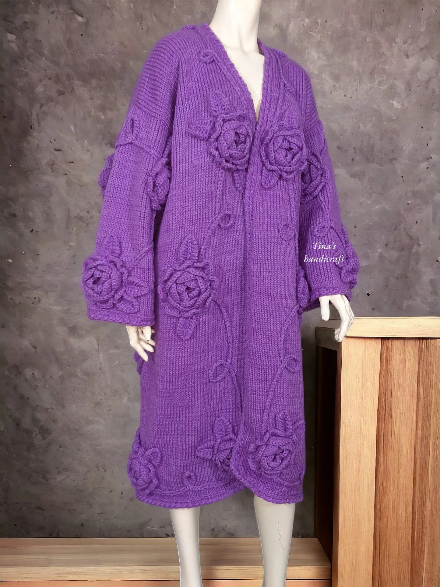 Women's Mohair Yarn Cardigan with 3D Flowers