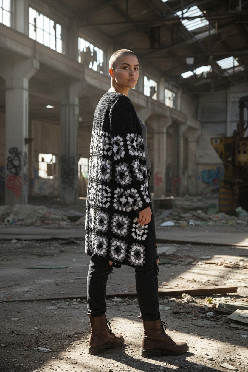 Ζακέτα με κροσέ μοτίβα τετράγωνων γιαγιάς και πλέξιμο