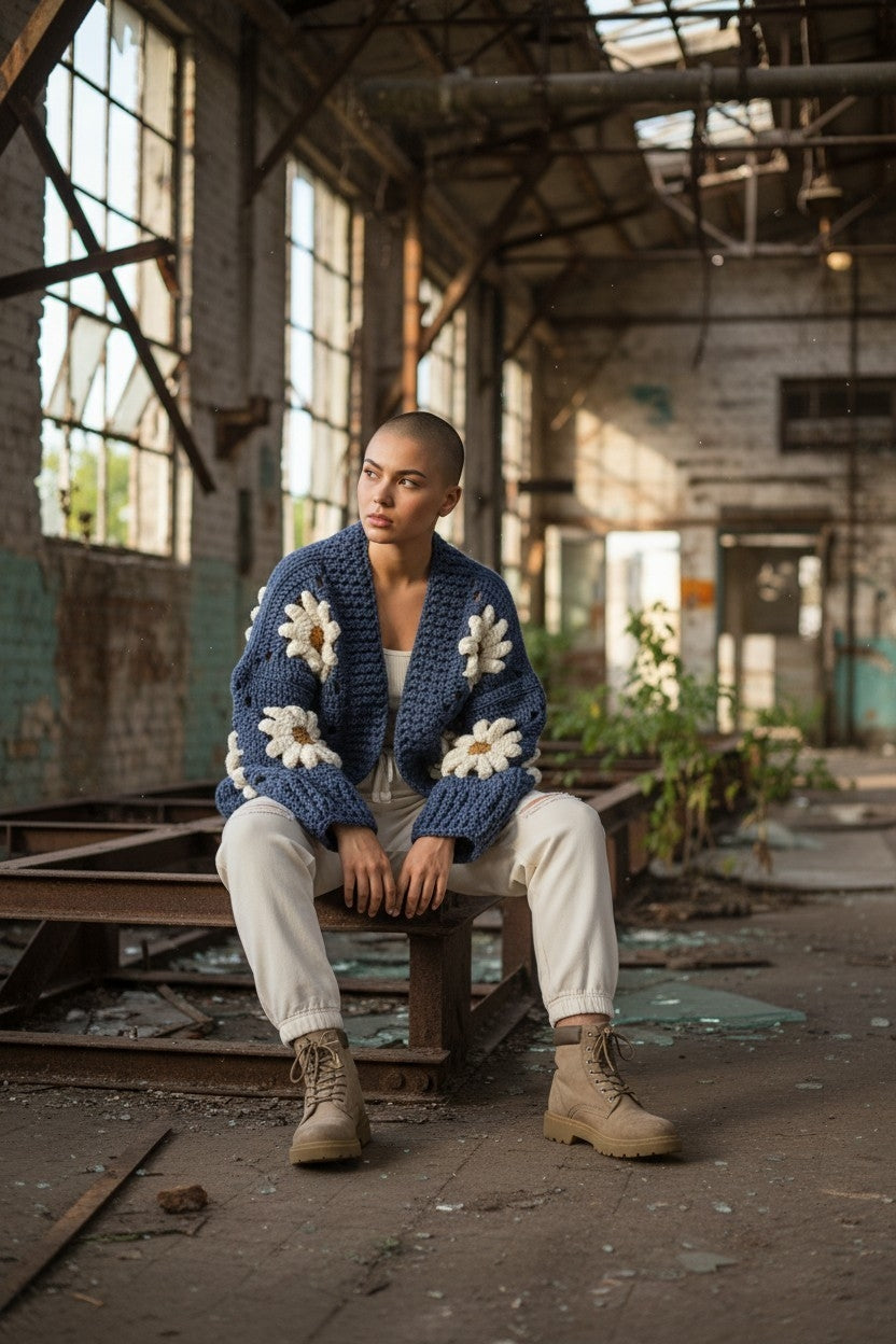 Χοντρό πλεκτό ζακετάκι με μαργαρίτες — Χειροποίητο τετράγωνο μπουφάν γιαγιά | Μέγεθος S–5XL