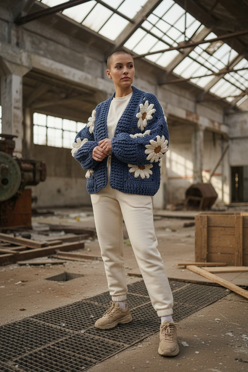 Χοντρό πλεκτό ζακετάκι με μαργαρίτες — Χειροποίητο τετράγωνο μπουφάν γιαγιά | Μέγεθος S–5XL
