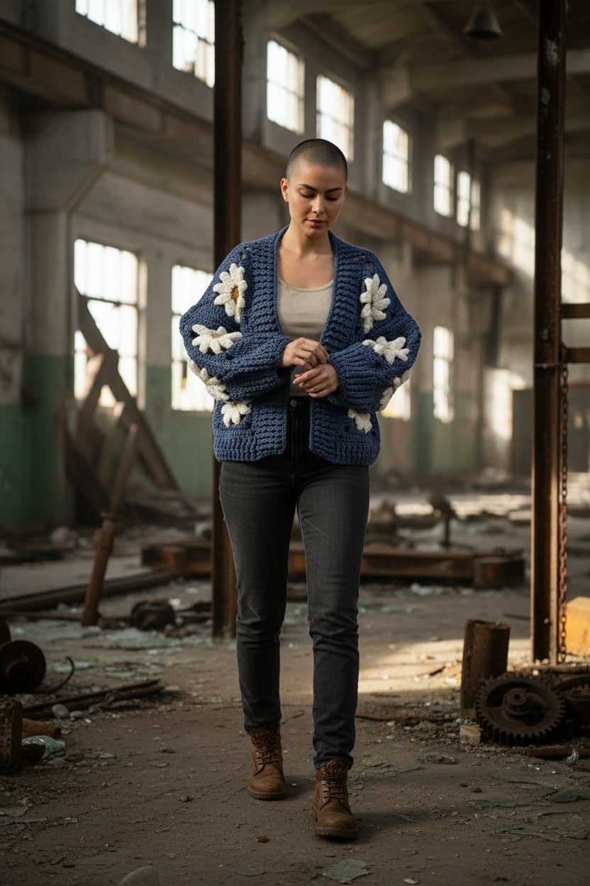 Χοντρό πλεκτό ζακετάκι με μαργαρίτες — Χειροποίητο τετράγωνο μπουφάν γιαγιά | Μέγεθος S–5XL