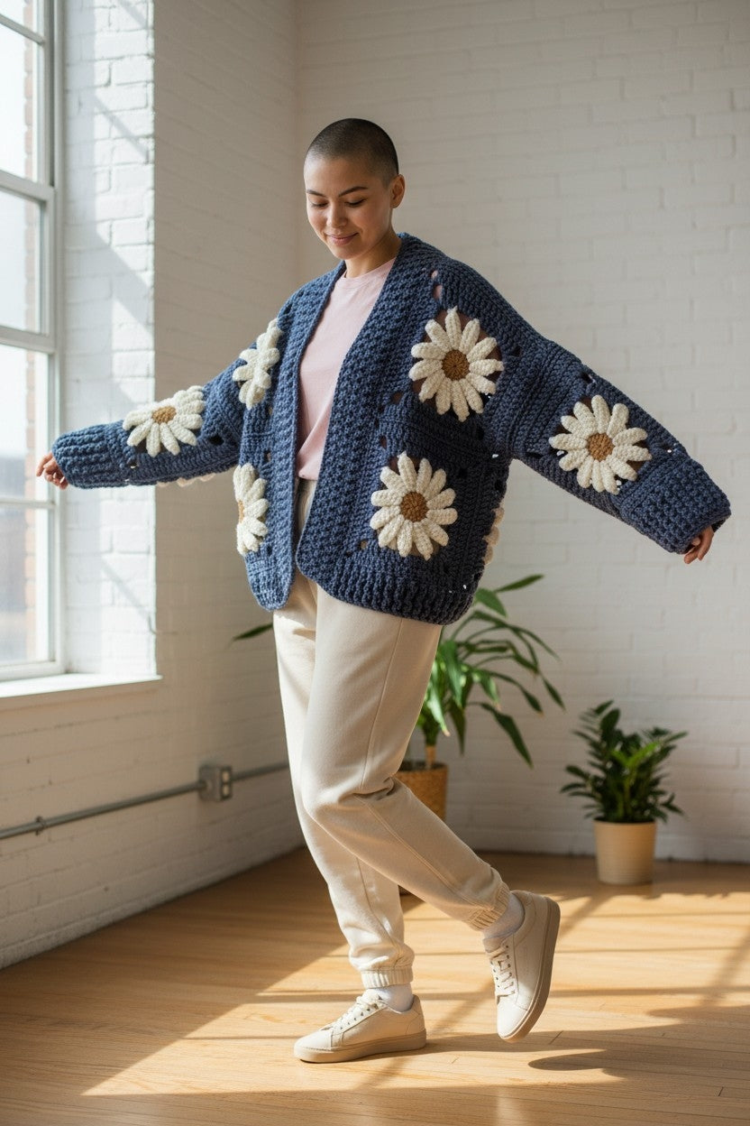 Χοντρό πλεκτό ζακετάκι με μαργαρίτες — Χειροποίητο τετράγωνο μπουφάν γιαγιά | Μέγεθος S–5XL