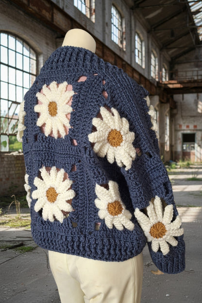 Χοντρό πλεκτό ζακετάκι με μαργαρίτες — Χειροποίητο τετράγωνο μπουφάν γιαγιά | Μέγεθος S–5XL