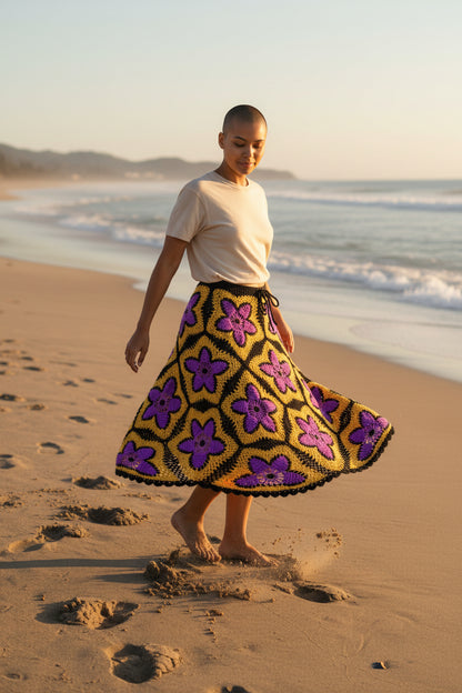 Solar Bloom Granny Square Häkelrock – Handgestrickter Maxirock in leuchtendem Lila und Gold | Boho-Festival-Kleidung