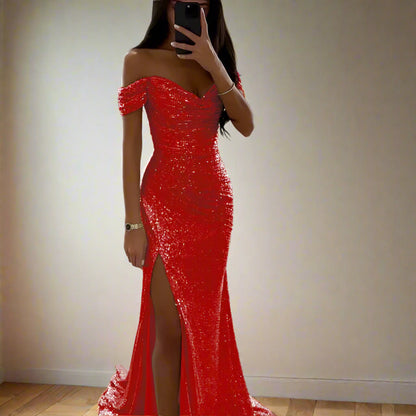 Klassischer Stil, Pailletten, Schlitz, Reißverschluss, einfarbig, Bankettparty, V-Ausschnitt, ärmellos, Partykleid 