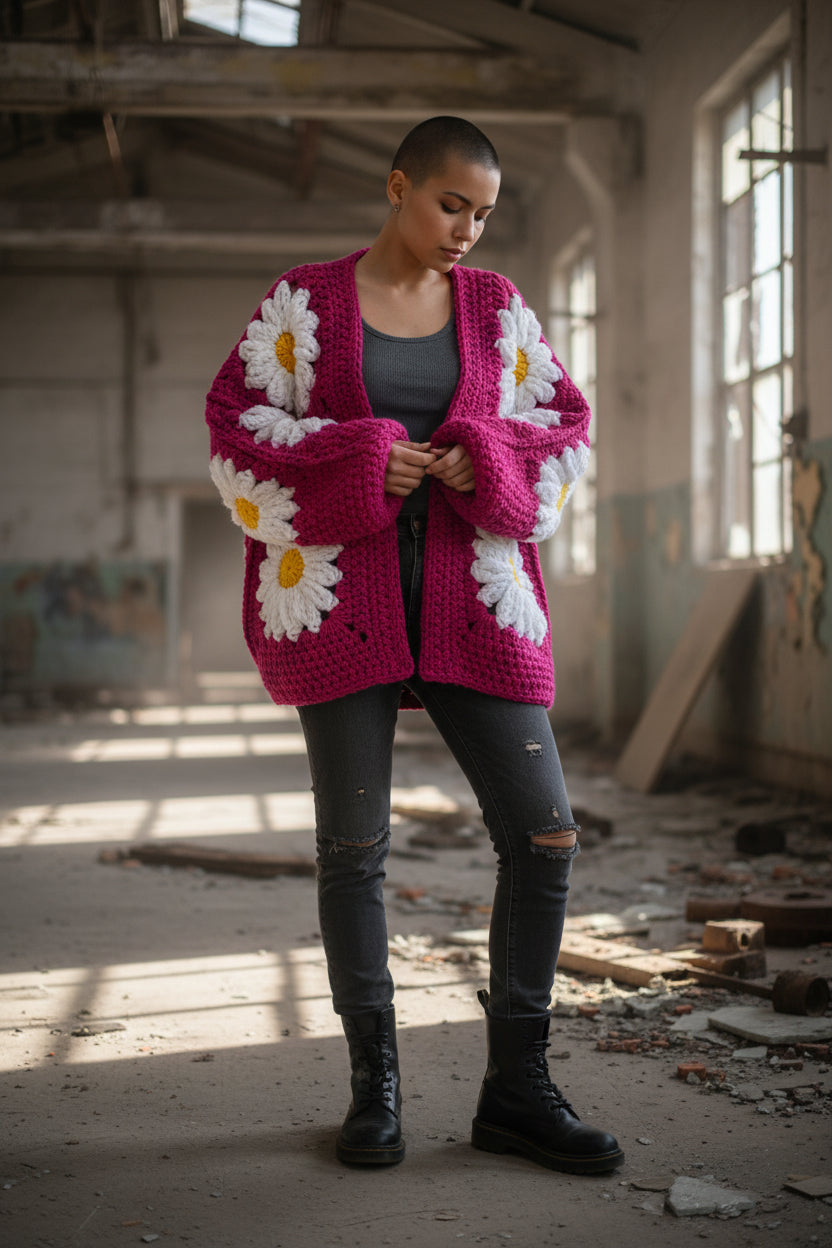 Χοντρό πλεκτό ζακετάκι με μαργαρίτες — Χειροποίητο τετράγωνο μπουφάν γιαγιά | Μέγεθος S–5XL