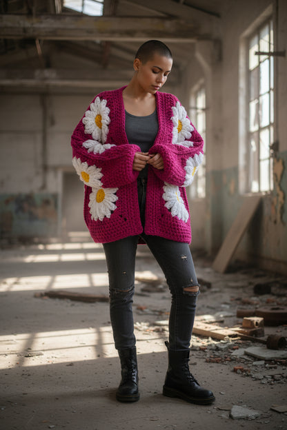 Χοντρό πλεκτό ζακετάκι με μαργαρίτες — Χειροποίητο τετράγωνο μπουφάν γιαγιά | Μέγεθος S–5XL