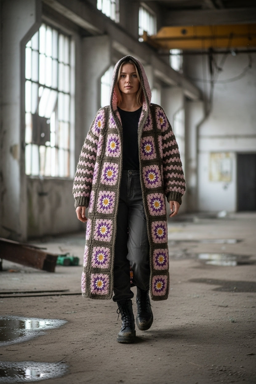 Χειροποίητο πλεκτό μάξι παλτό γιαγιά με κουκούλα | Μάλλινο | Ειδικά χρώματα | S–5XL