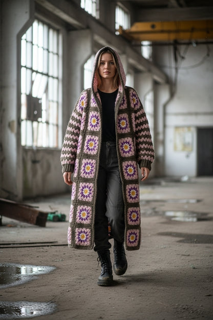 Χειροποίητο πλεκτό μάξι παλτό γιαγιά με κουκούλα | Μάλλινο | Ειδικά χρώματα | S–5XL