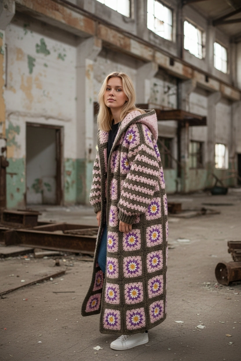 Χειροποίητο πλεκτό μάξι παλτό γιαγιά με κουκούλα | Μάλλινο | Ειδικά χρώματα | S–5XL