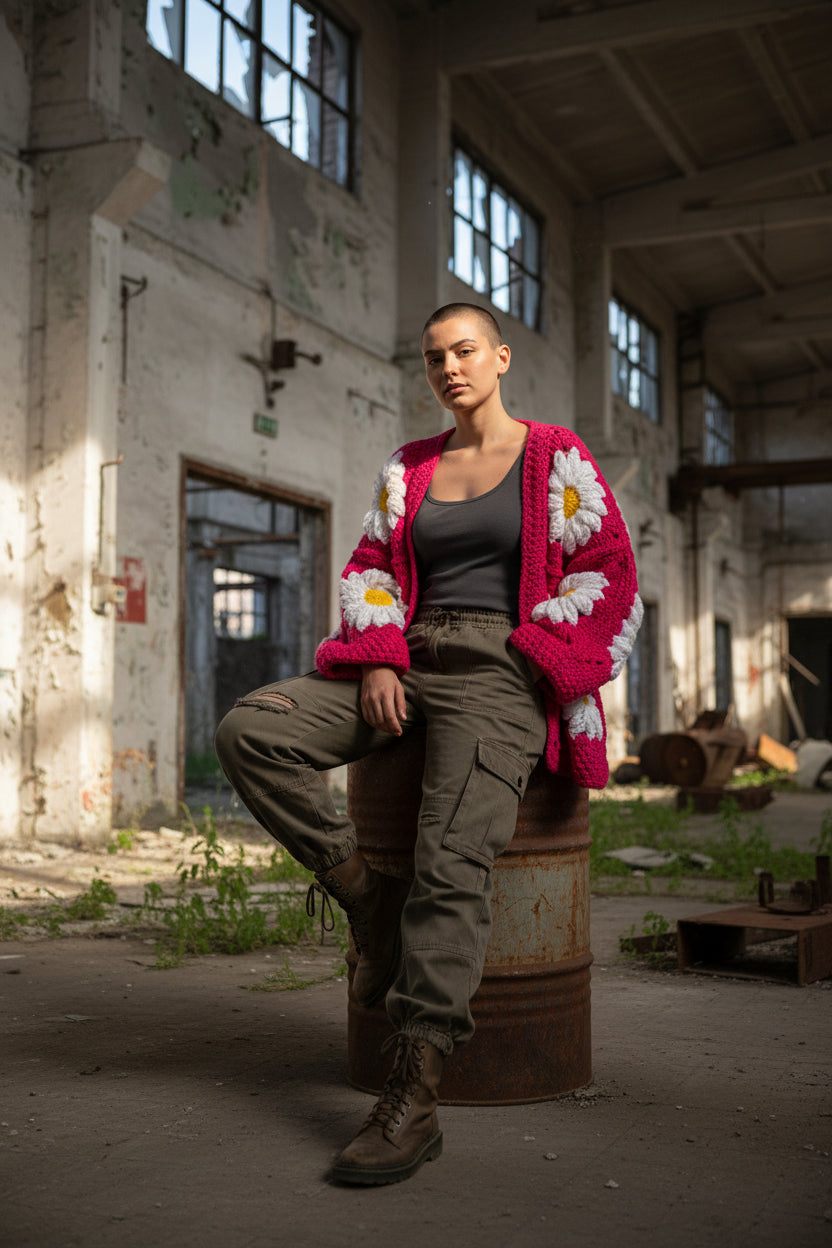 Χοντρό πλεκτό ζακετάκι με μαργαρίτες — Χειροποίητο τετράγωνο μπουφάν γιαγιά | Μέγεθος S–5XL