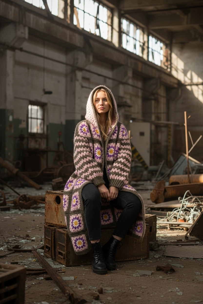 Χειροποίητο πλεκτό μάξι παλτό γιαγιά με κουκούλα | Μάλλινο | Ειδικά χρώματα | S–5XL