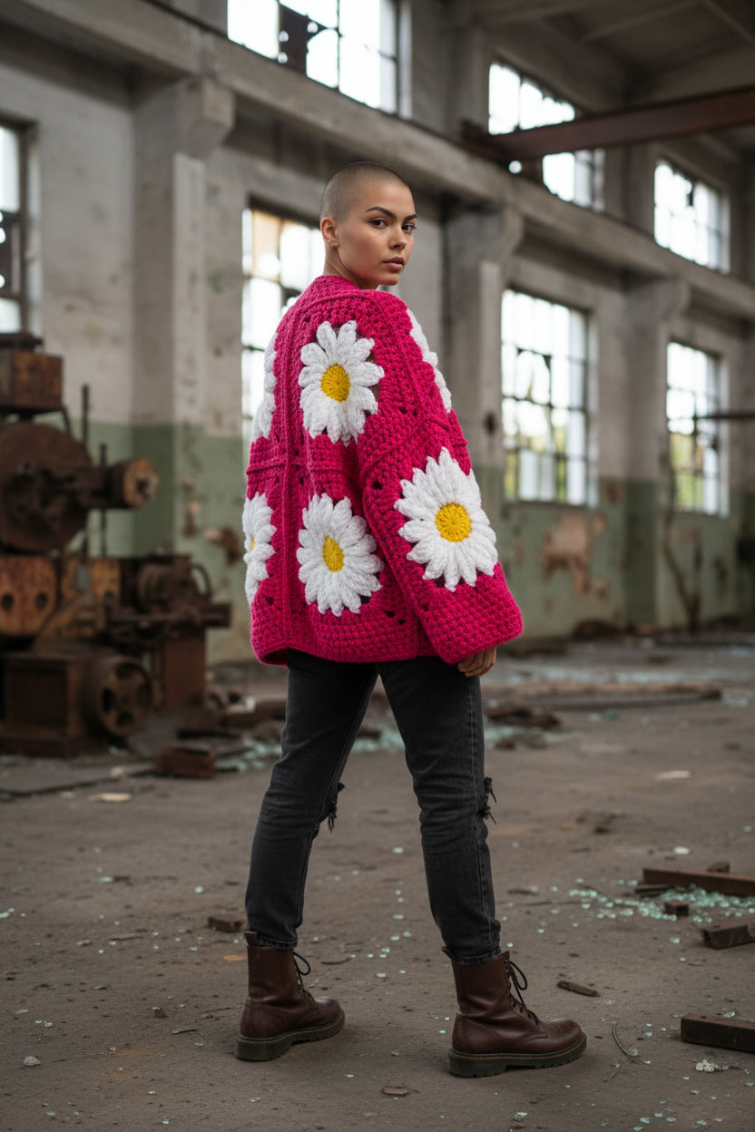 Χοντρό πλεκτό ζακετάκι με μαργαρίτες — Χειροποίητο τετράγωνο μπουφάν γιαγιά | Μέγεθος S–5XL